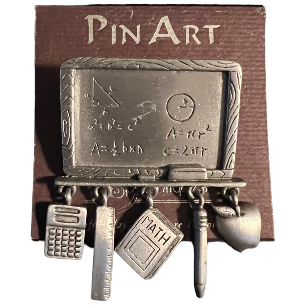 Vintage Math Teacher Brooch Pin Art Silver Tone Blackboard School Charms
